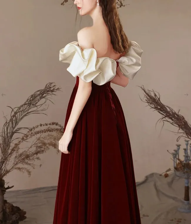 A-Line Sweetheart Neck Velvet Burgundy Long Prom Dress Evening Dress Off Shoulder Elegant