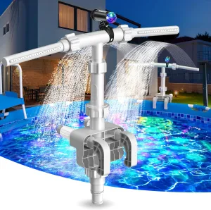 Above Ground Pool Fountain with Lights, 360°Adjustable Dual Spray Water Fountains, Pool Sprinkler Waterfall, Fits Various Frames, Frame Swimming Above Ground Pool Decor Accessories for Cooling