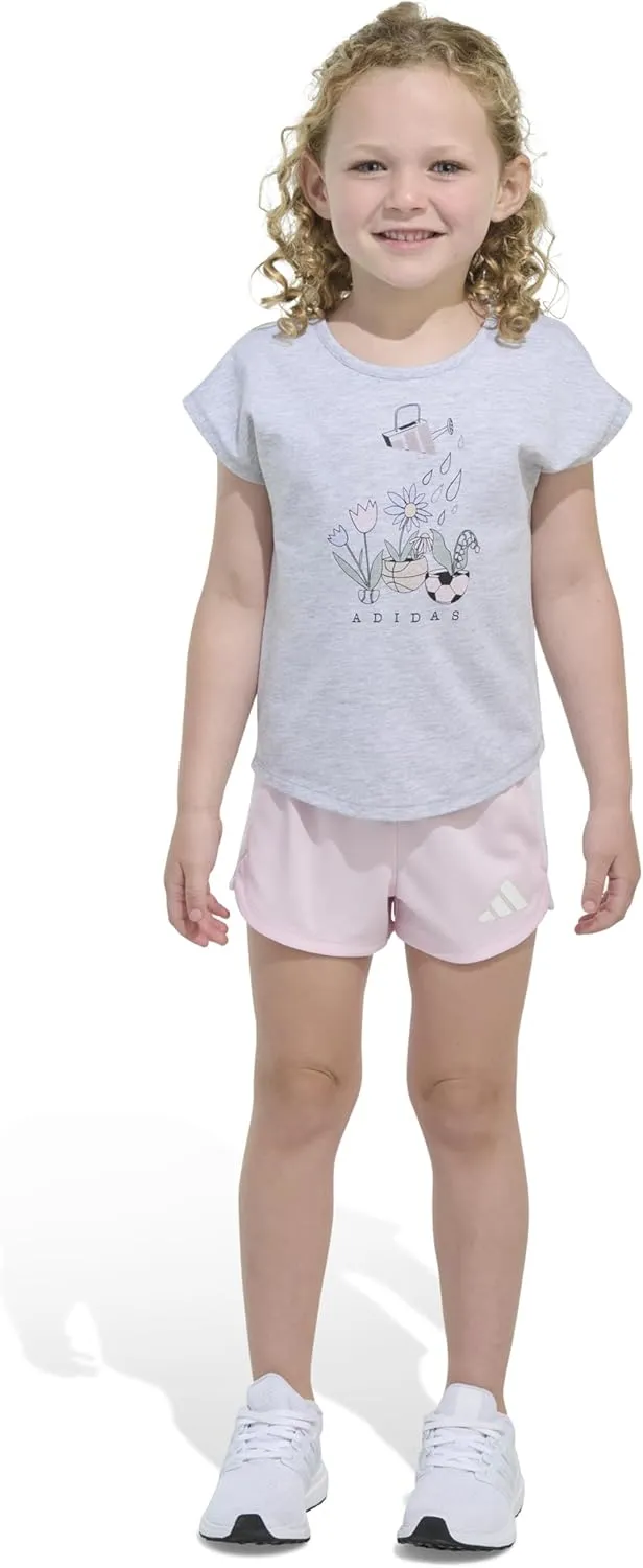 adidas Girls Graphic Heather Tee Shirt and Mesh Short Set