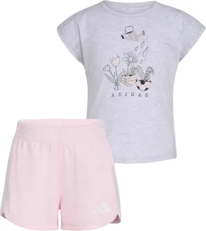 adidas Girls Graphic Heather Tee Shirt and Mesh Short Set