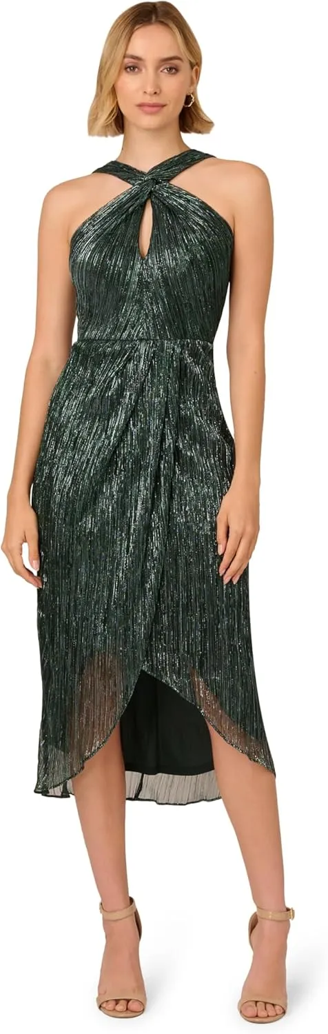 Adrianna Papell Women's Halter Crinkle Metallic Dress