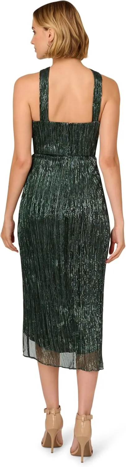 Adrianna Papell Women's Halter Crinkle Metallic Dress