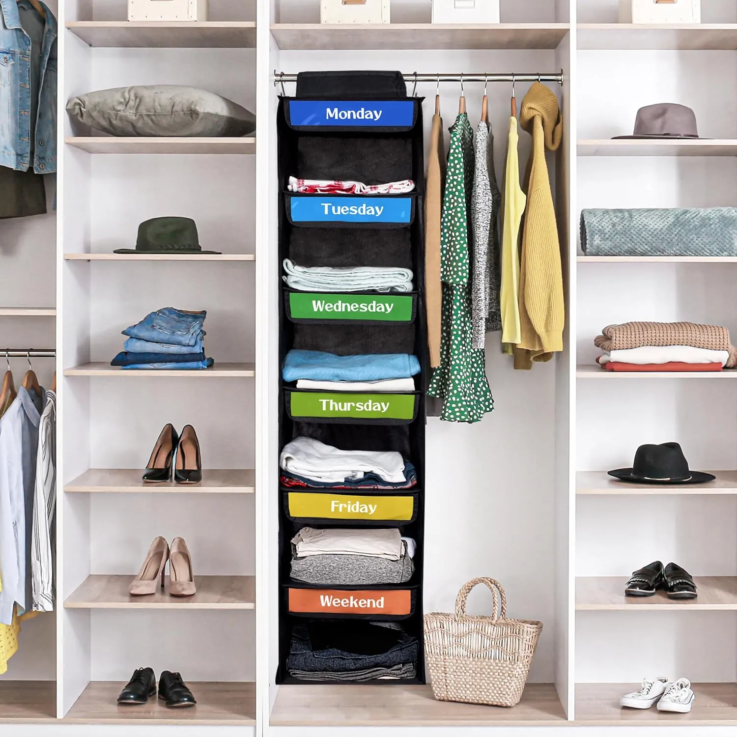 AELS 6-Shelf Weekly Clothes Organizer Set of 2, Hanging Closet Organizer for Kids & Adults, Monday Through Friday with Visual Label, Prepare & Organize Clothing, Shoes & After School Activities