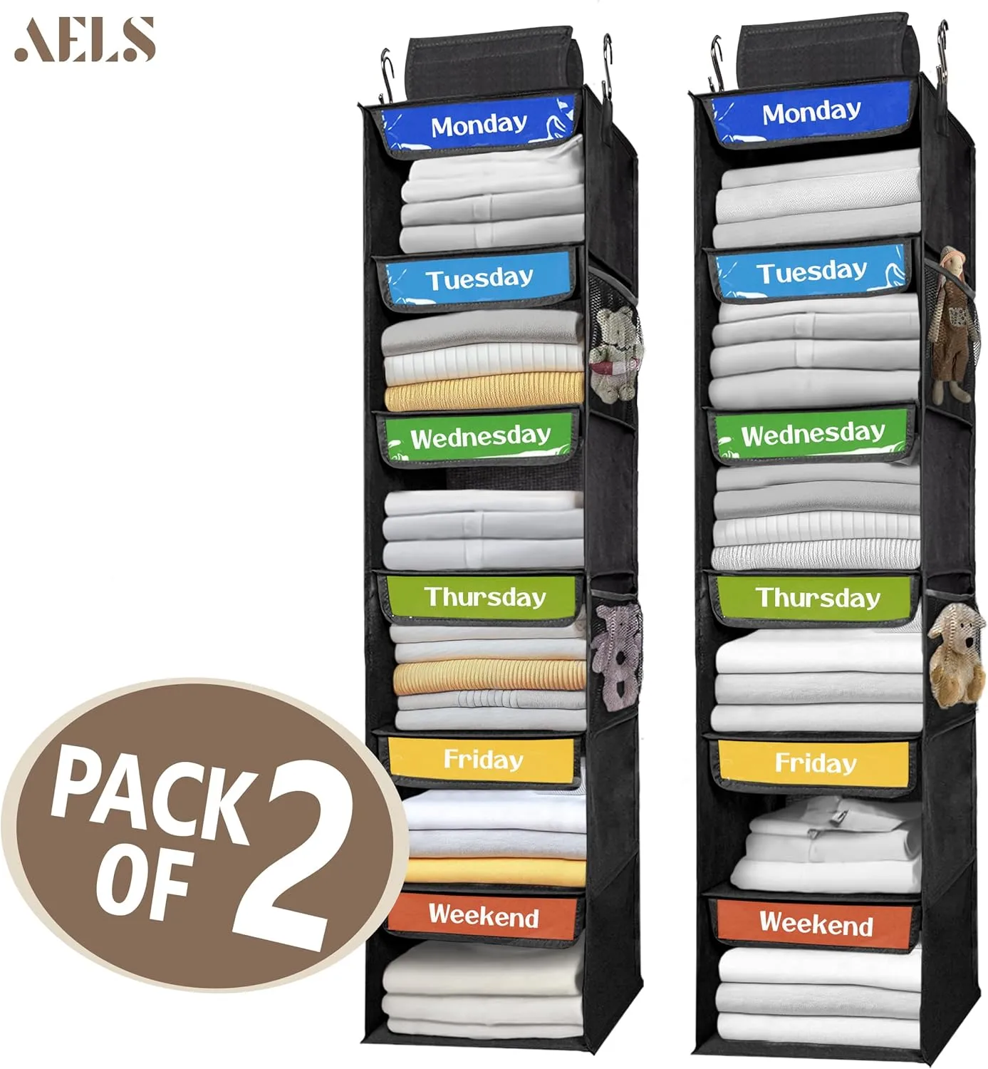 AELS 6-Shelf Weekly Clothes Organizer Set of 2, Hanging Closet Organizer for Kids & Adults, Monday Through Friday with Visual Label, Prepare & Organize Clothing, Shoes & After School Activities