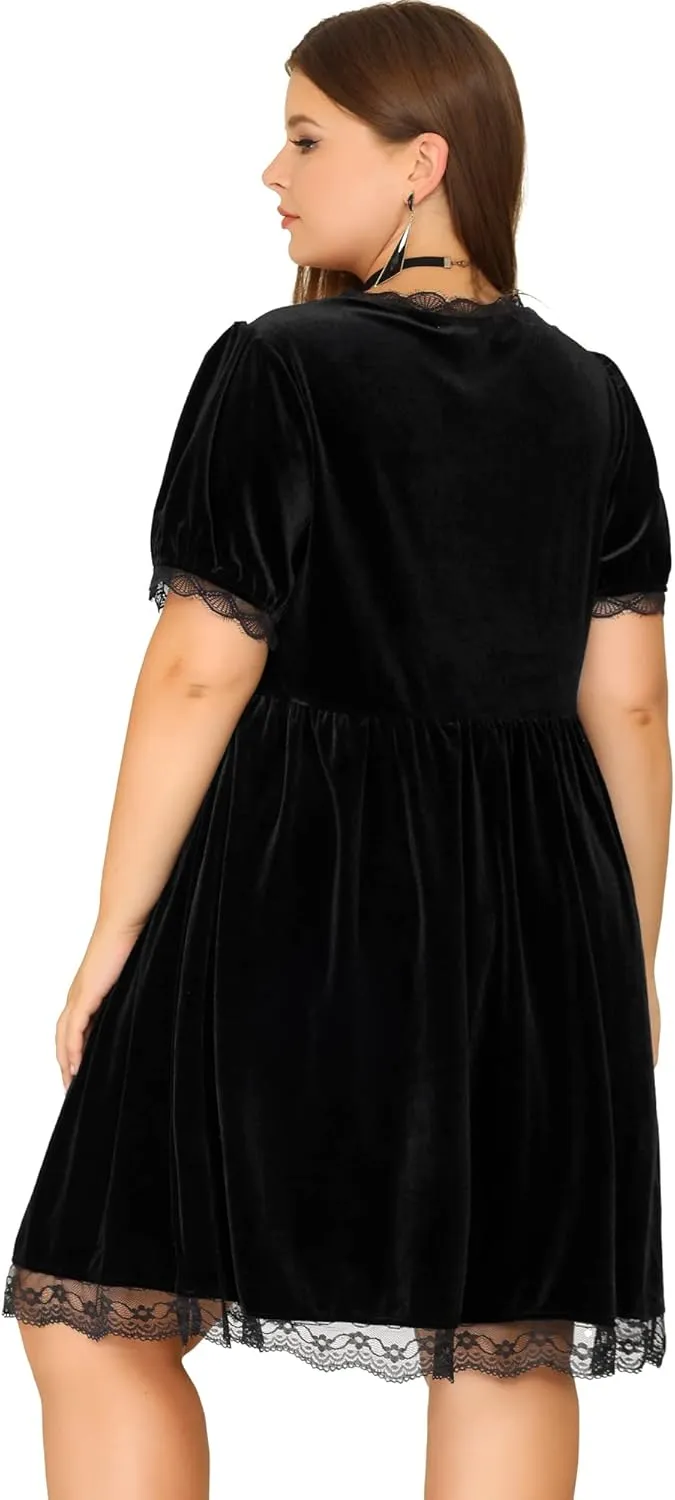 Agnes Orinda Plus Size Dress for Women Velvet Lace Trim a Line Short Sleeve Elegant Cocktail Party Dresses Christmas