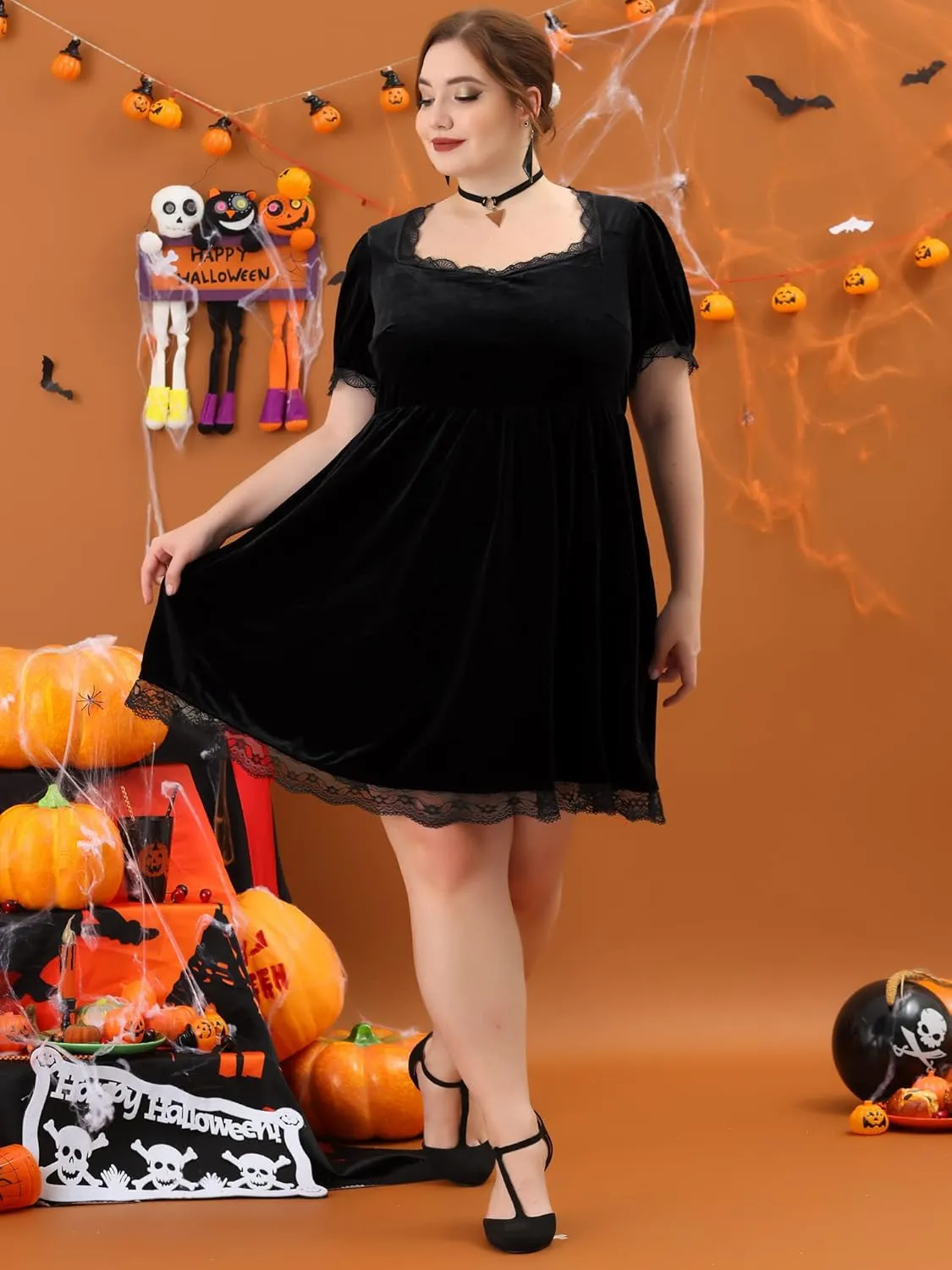 Agnes Orinda Plus Size Dress for Women Velvet Lace Trim a Line Short Sleeve Elegant Cocktail Party Dresses Christmas