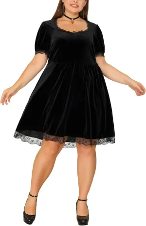 Agnes Orinda Plus Size Dress for Women Velvet Lace Trim a Line Short Sleeve Elegant Cocktail Party Dresses Christmas