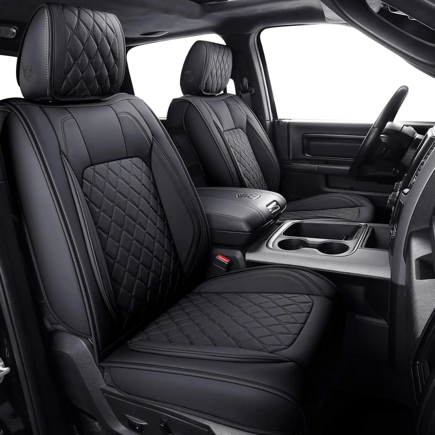 Aierxuan Dodge Ram Front Seat Covers Custom Fit 2009-2025 1500/2500/3500 Truck Pickup Crew Quad Regular Cab Heavy Duty Waterproof Leather Airbag Compatible Cushions(2 PCS Front/Black)