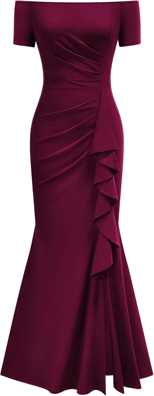 AISIZE Women's Elegant Off Shoulder Ruffle Formal Evening Long Dress