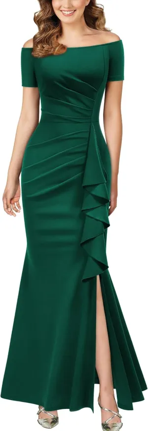 AISIZE Women's Elegant Off Shoulder Ruffle Formal Evening Long Dress