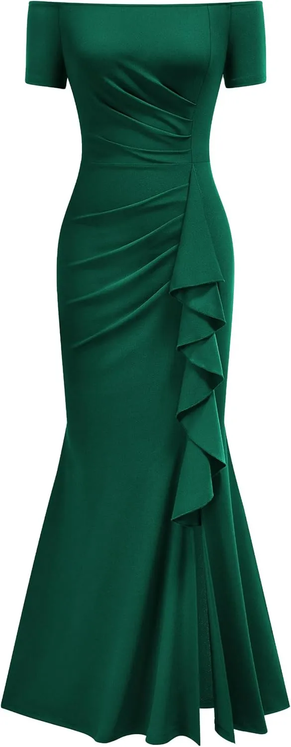 AISIZE Women's Elegant Off Shoulder Ruffle Formal Evening Long Dress