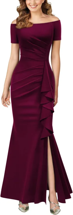 AISIZE Women's Elegant Off Shoulder Ruffle Formal Evening Long Dress