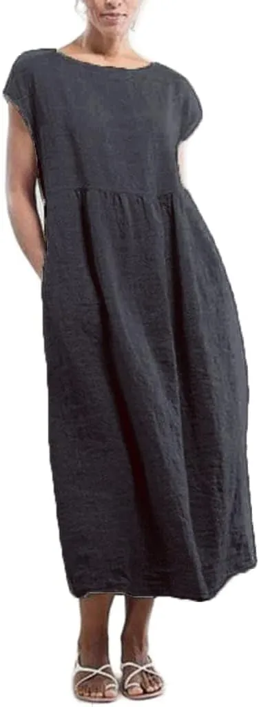 Akivide Women's Flowy Cotton Linen Dress Summer Beach Casual Loose Sleeveless Crewneck Baggy Long Dress with Pockets