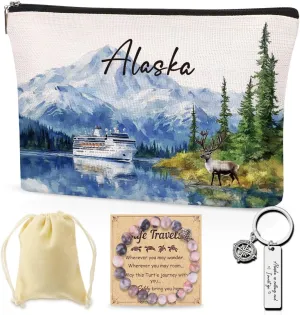 Alaska Cruise Makeup Bags Gifts for Women, Alaska Travel Essentials Cosmetic Bag with Keychain and Bracelet, Travel Toiletry Organizer Zipper Pouch for Girls Friend BFF Sister Daughter Mom
