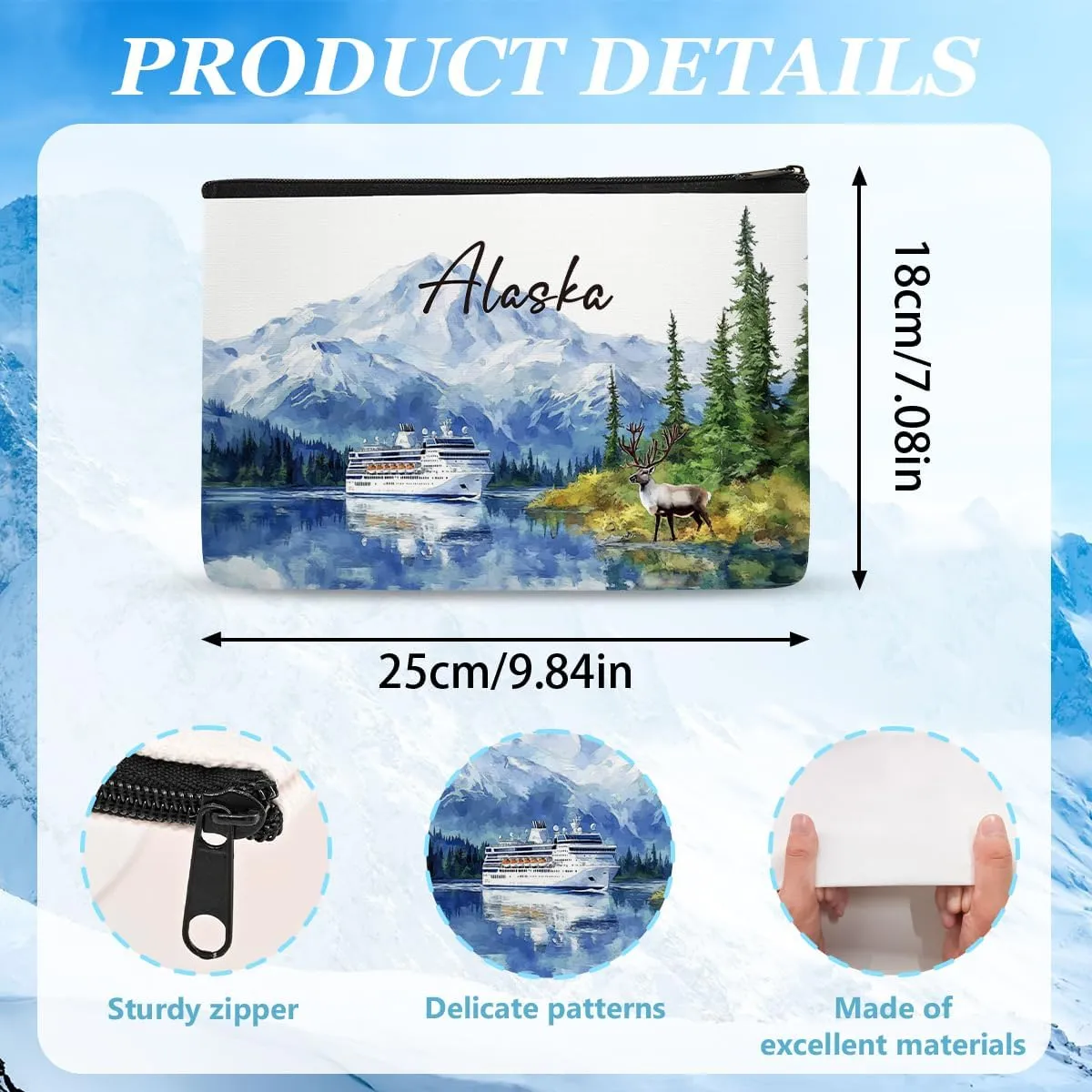 Alaska Cruise Makeup Bags Gifts for Women, Alaska Travel Essentials Cosmetic Bag with Keychain and Bracelet, Travel Toiletry Organizer Zipper Pouch for Girls Friend BFF Sister Daughter Mom