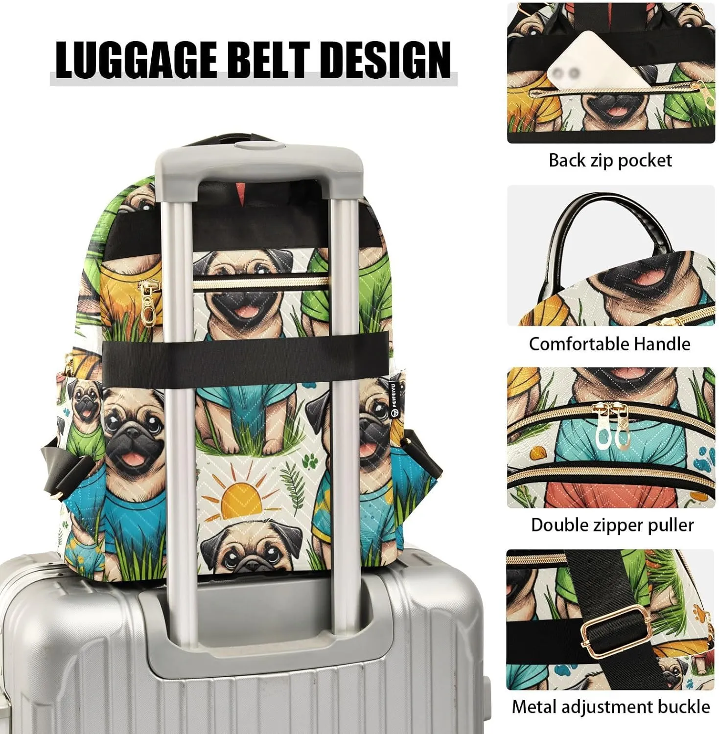 ALAZA Women Mini Backpack Purse Bag Lightweight Casual Daily Travel Backpack Pattern Of Pug Wearing T-shirt Back Pack Fashion Multipurpose Shoulder Bag