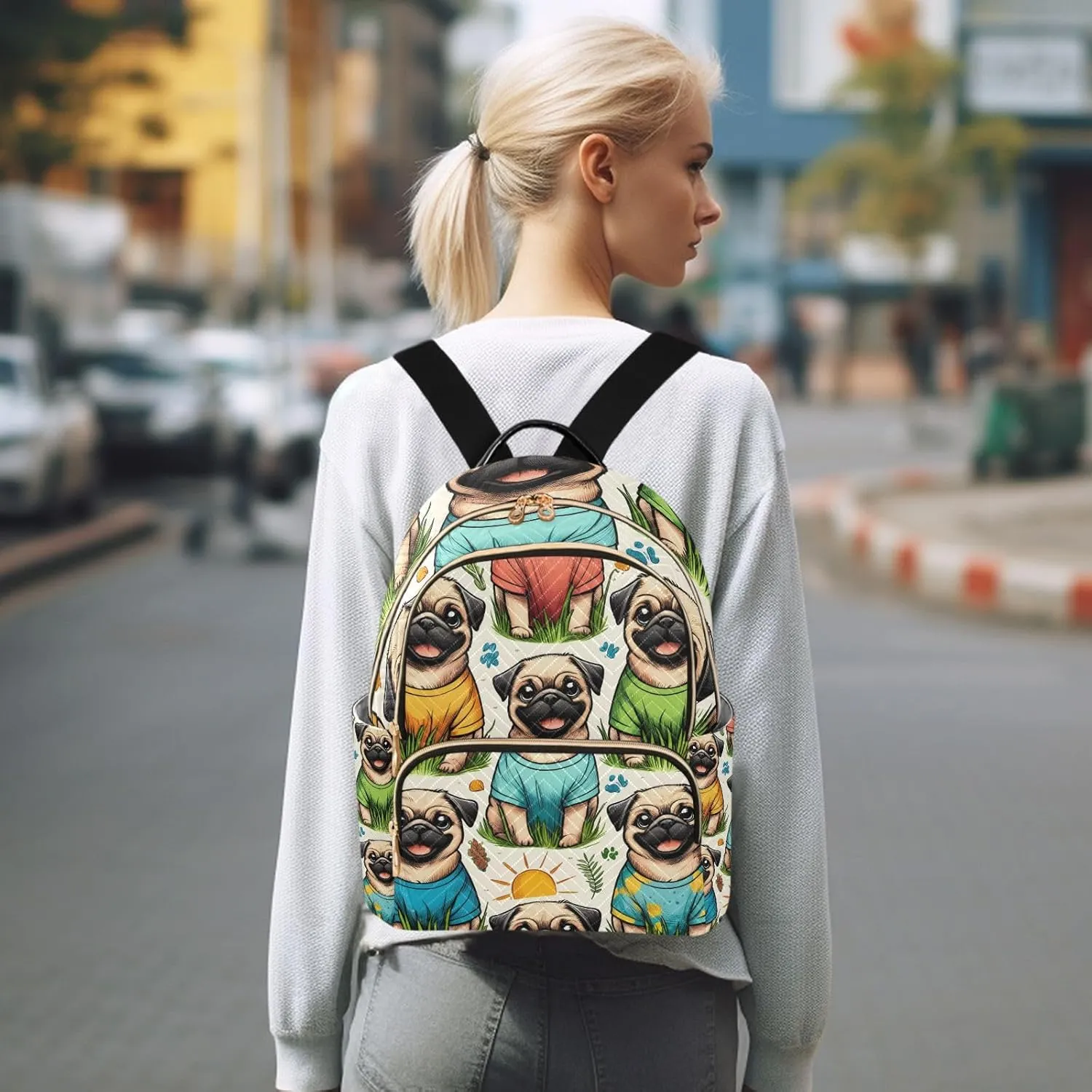 ALAZA Women Mini Backpack Purse Bag Lightweight Casual Daily Travel Backpack Pattern Of Pug Wearing T-shirt Back Pack Fashion Multipurpose Shoulder Bag