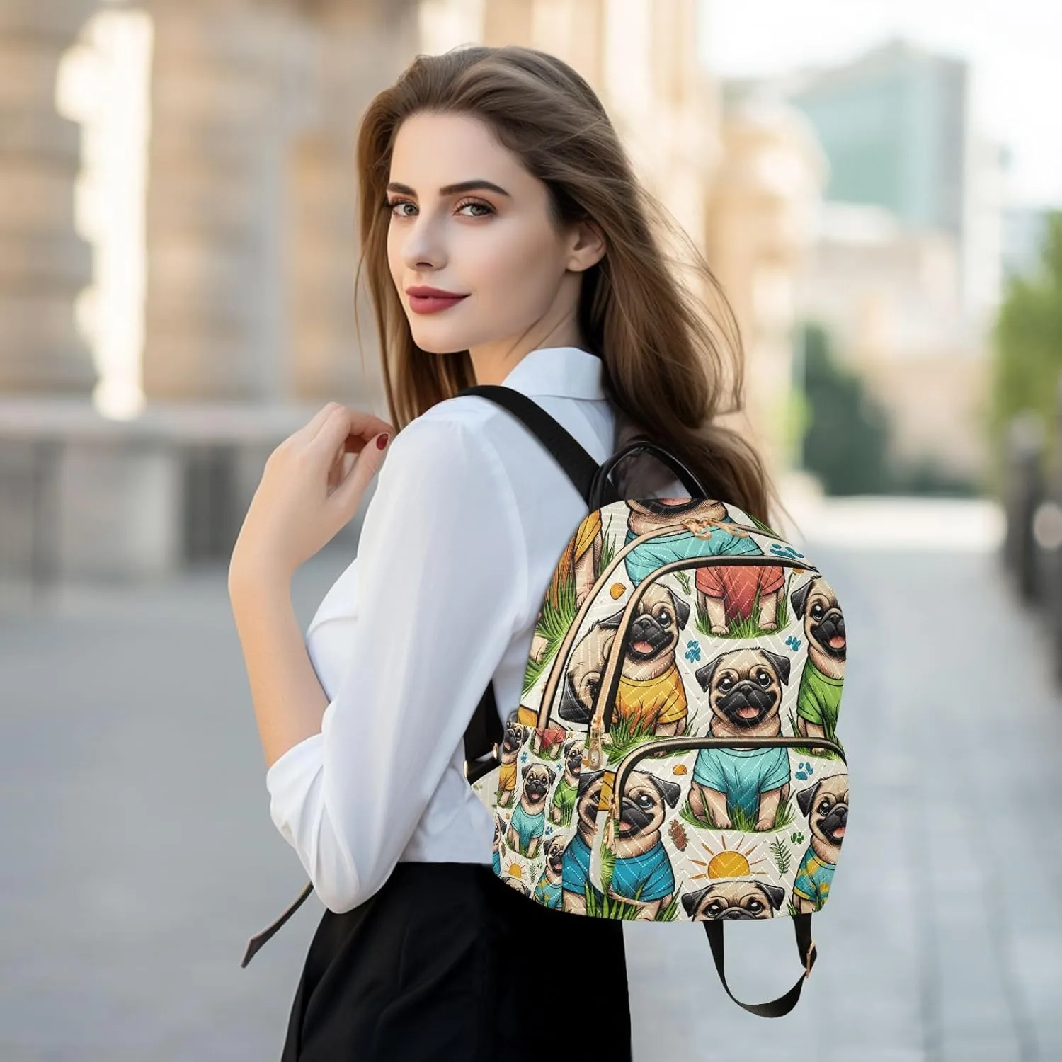 ALAZA Women Mini Backpack Purse Bag Lightweight Casual Daily Travel Backpack Pattern Of Pug Wearing T-shirt Back Pack Fashion Multipurpose Shoulder Bag