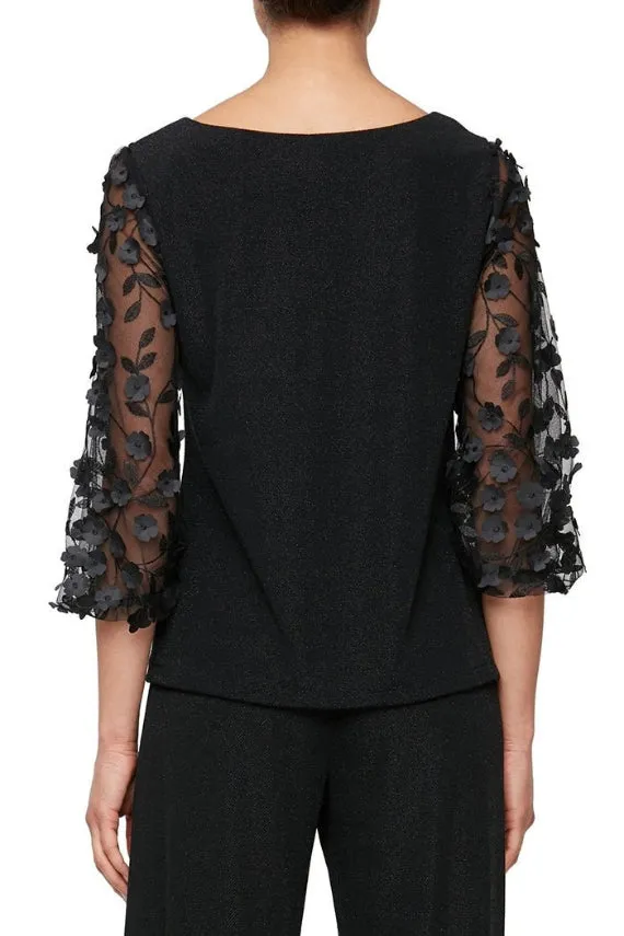 Alex Evenings 3/4 Sleeve Metallic Knit Blouse with 3-D Flower Illusion Sleeves (Plus Size)