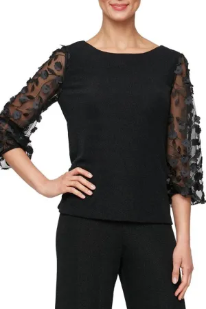 Alex Evenings 3/4 Sleeve Metallic Knit Blouse with 3-D Flower Illusion Sleeves (Plus Size)