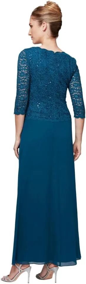 Alex Evenings Women's 3/4 Sleeve Stretch Lace Bodice One Piece Mother of The Bride Dress (Petite and Regular Sizes)