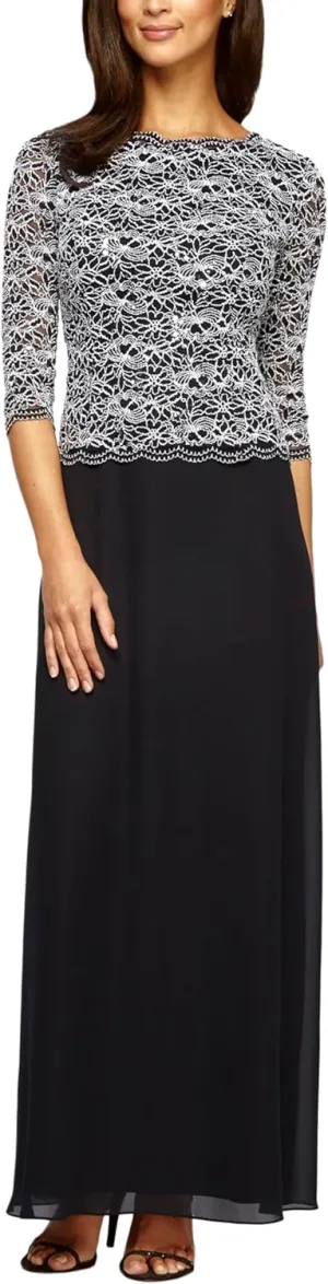 Alex Evenings Women's 3/4 Sleeve Stretch Lace Bodice One Piece Mother of The Bride Dress (Petite and Regular Sizes)