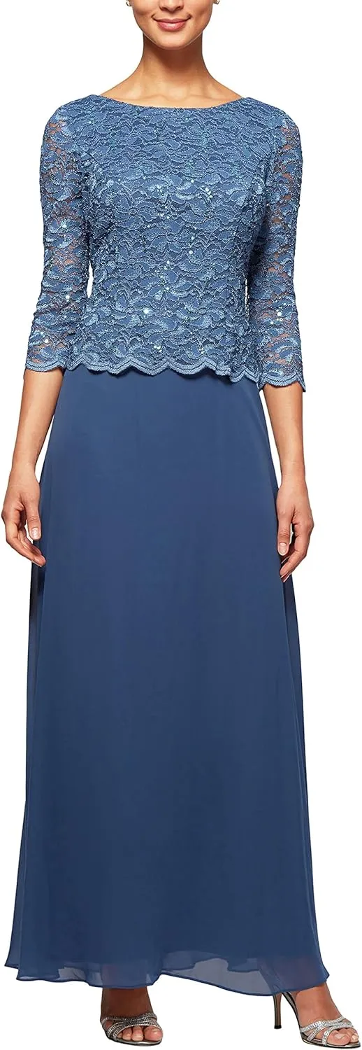 Alex Evenings Women's 3/4 Sleeve Stretch Lace Bodice One Piece Mother of The Bride Dress (Petite and Regular Sizes)