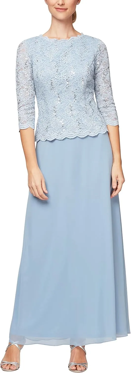 Alex Evenings Women's 3/4 Sleeve Stretch Lace Bodice One Piece Mother of The Bride Dress (Petite and Regular Sizes)
