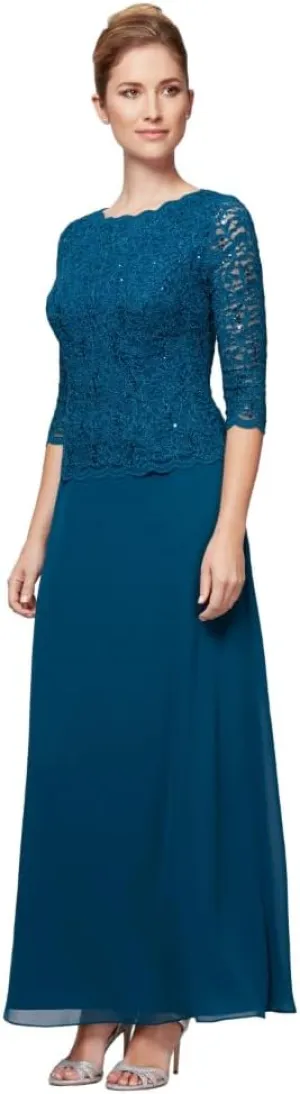 Alex Evenings Women's 3/4 Sleeve Stretch Lace Bodice One Piece Mother of The Bride Dress (Petite and Regular Sizes)