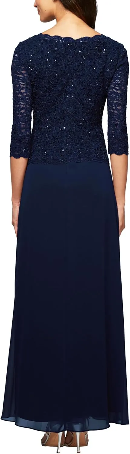 Alex Evenings Women's 3/4 Sleeve Stretch Lace Bodice One Piece Mother of The Bride Dress (Petite and Regular Sizes)