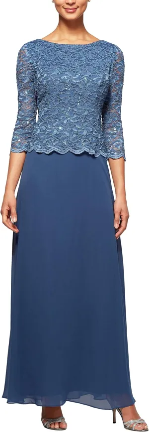Alex Evenings Women's 3/4 Sleeve Stretch Lace Bodice One Piece Mother of The Bride Dress (Petite and Regular Sizes)
