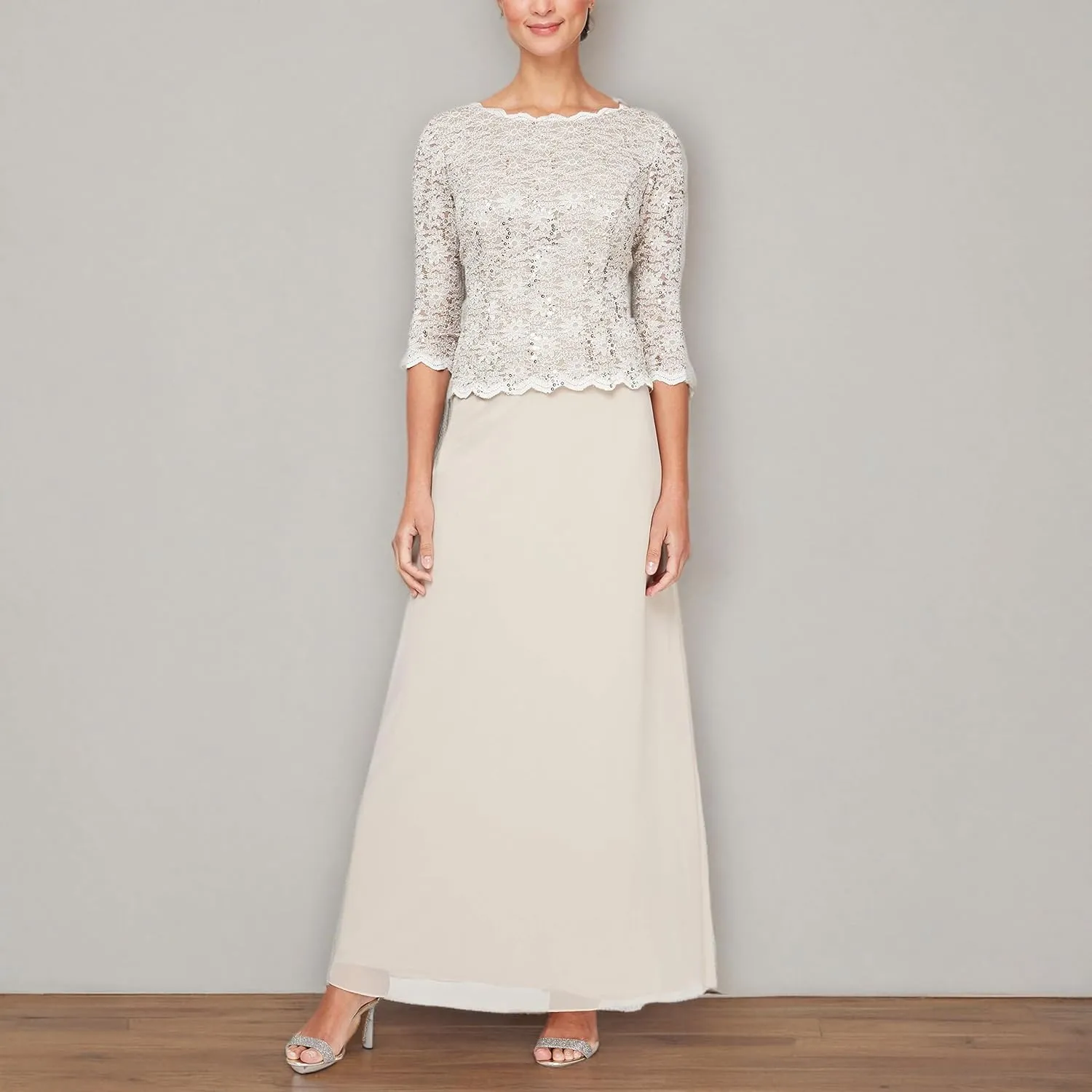 Alex Evenings Women's 3/4 Sleeve Stretch Lace Bodice One Piece Mother of The Bride Dress (Petite and Regular Sizes)