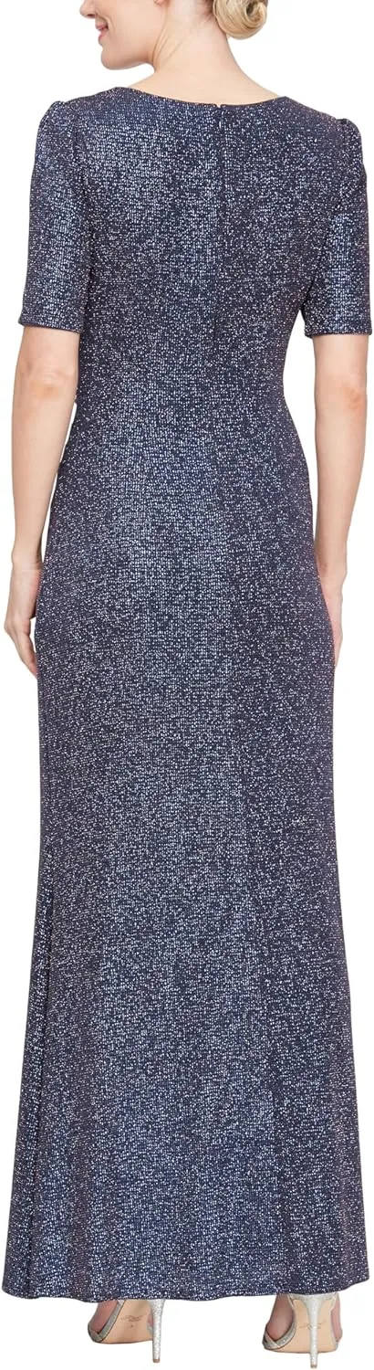 Alex Evenings Women's Long 3/4 Sleeve Formal Event Dress with Cinched Tie Waist (Petite and Regular Sizes)