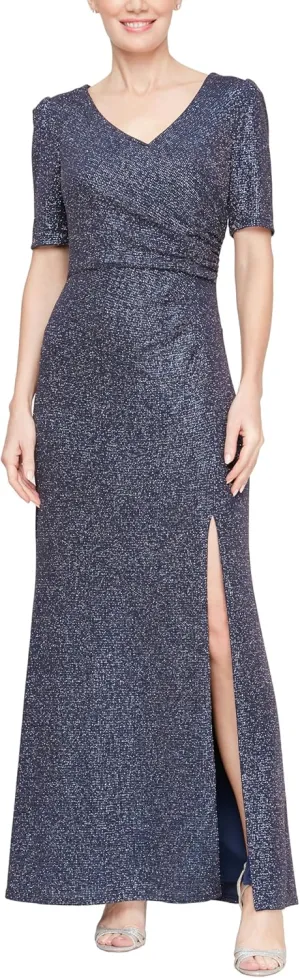 Alex Evenings Women's Long 3/4 Sleeve Formal Event Dress with Cinched Tie Waist (Petite and Regular Sizes)
