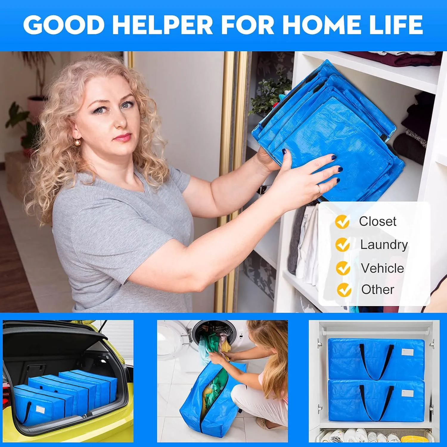 AlexHome Heavy Duty,Extra Large Packing Bags for Moving,Reusable Plastic Moving Totes,Clothes Storage Containers,Moving Supplies Bins,Compatible with Ikea Frakta Cart (Blue,Set of 5)