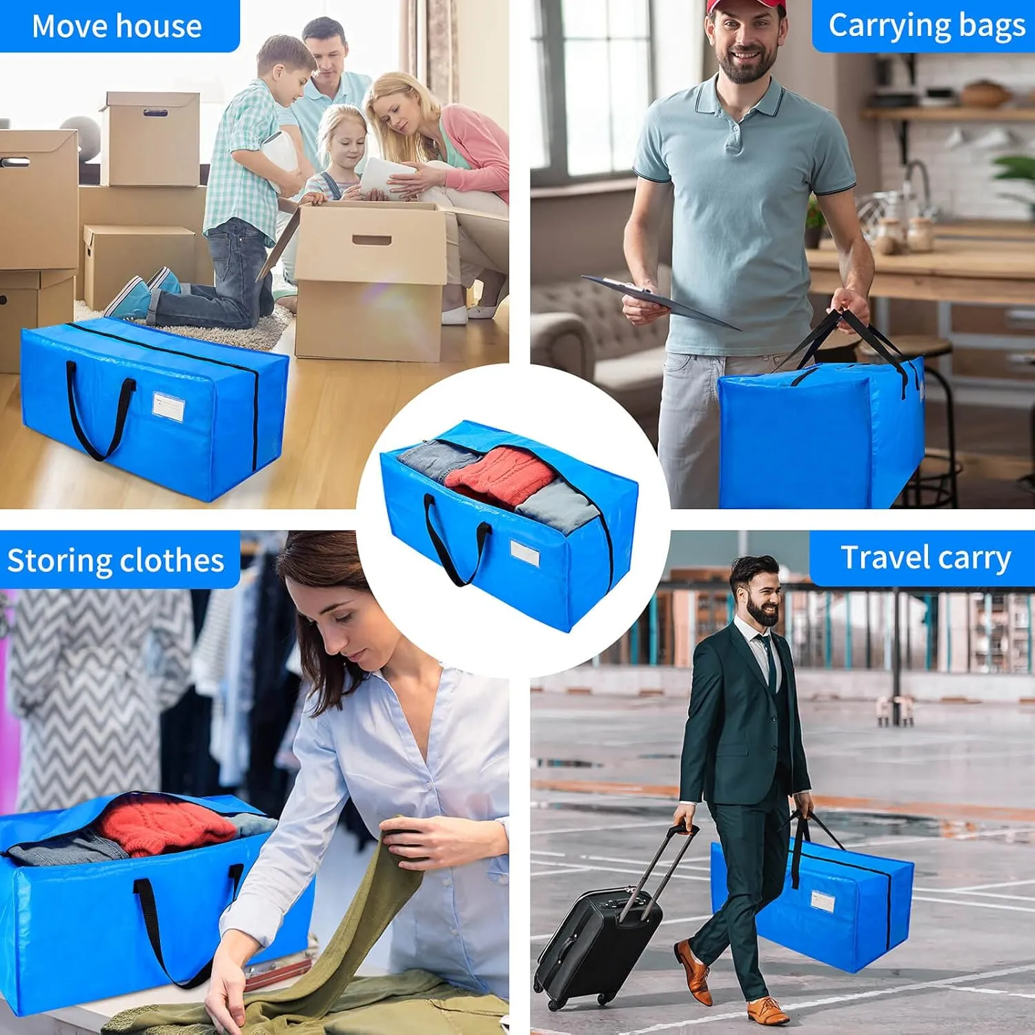 AlexHome Heavy Duty,Extra Large Packing Bags for Moving,Reusable Plastic Moving Totes,Clothes Storage Containers,Moving Supplies Bins,Compatible with Ikea Frakta Cart (Blue,Set of 5)