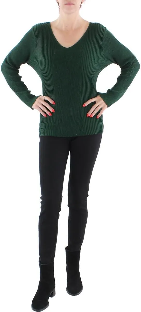 Alfani Womens Ribbed Metallic V-Neck Sweater