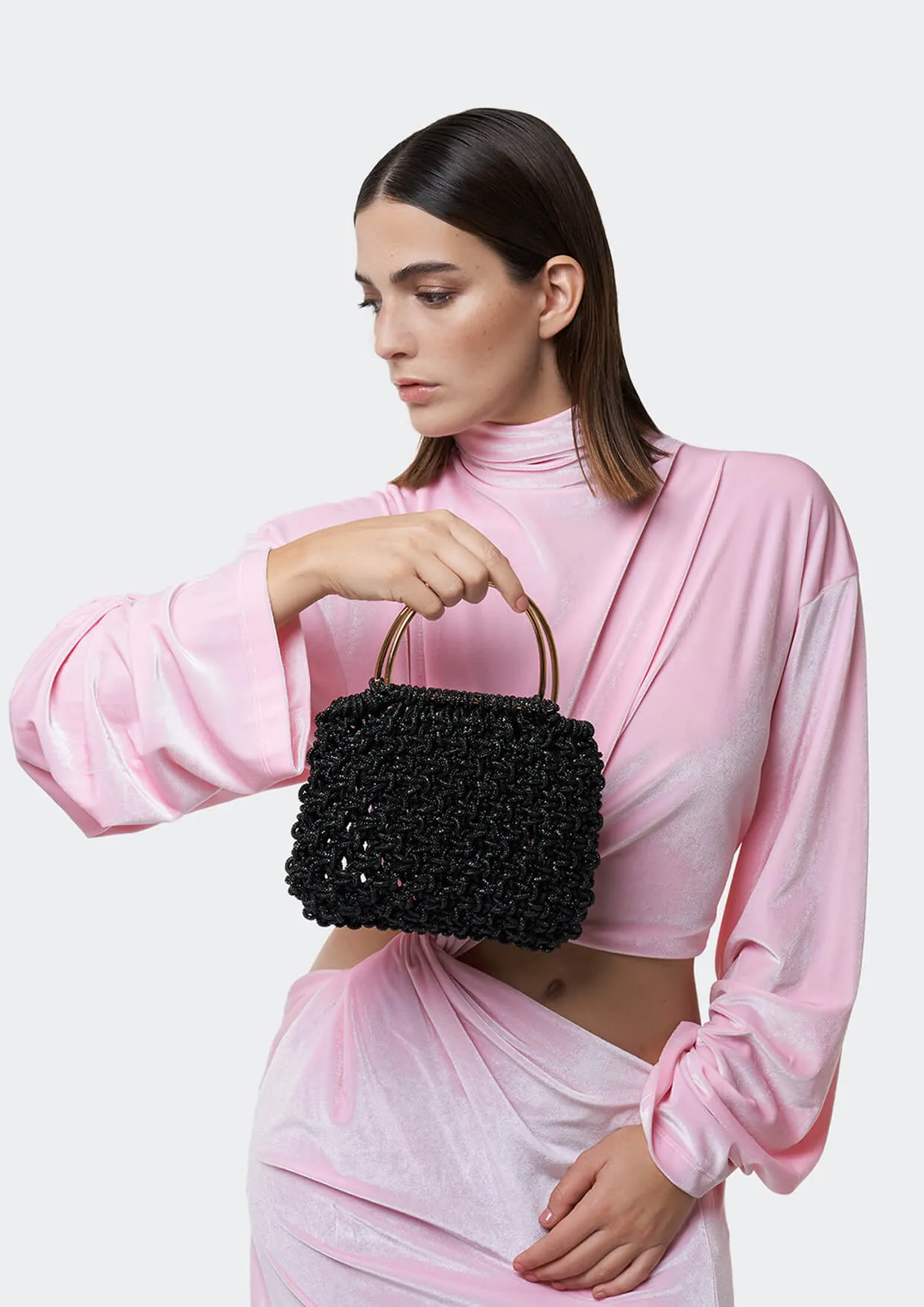 Alice Crystal-Studded Woven Metallic Handle Handbag