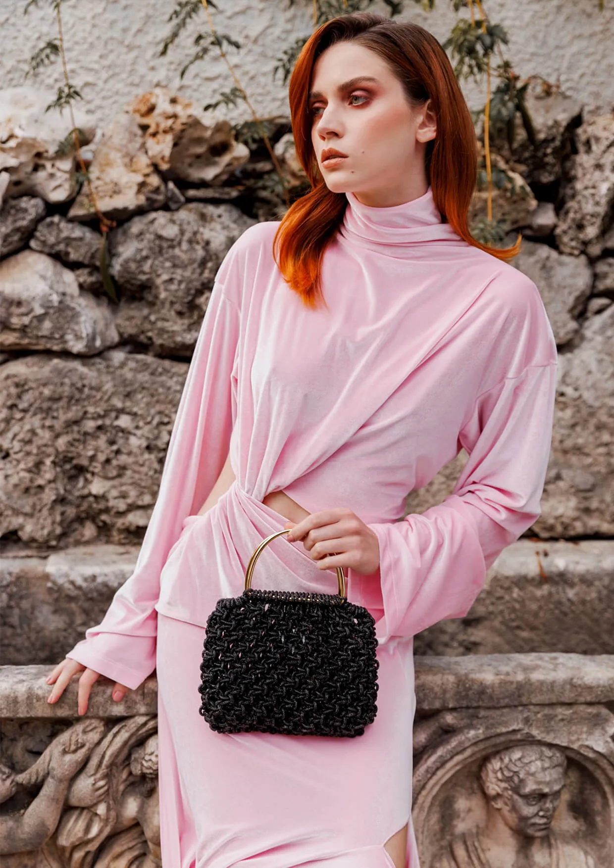 Alice Crystal-Studded Woven Metallic Handle Handbag