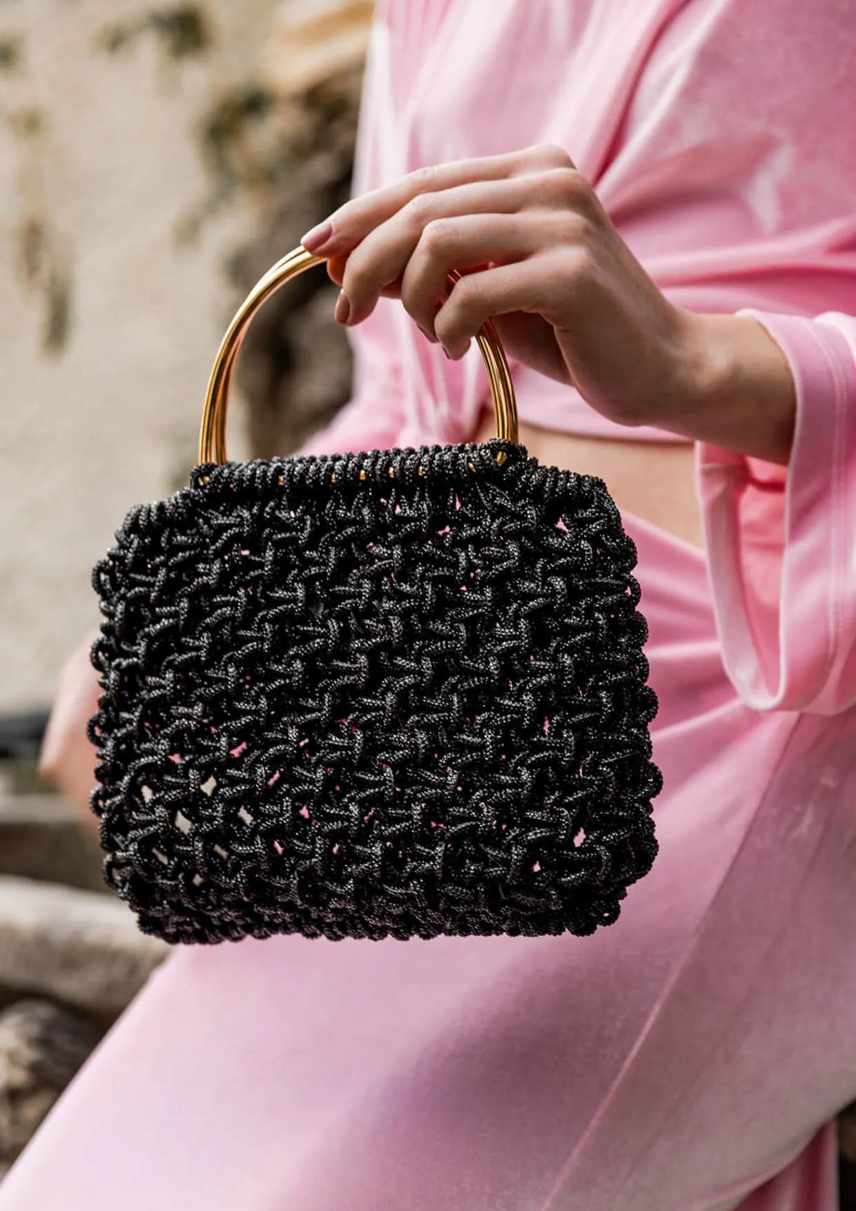 Alice Crystal-Studded Woven Metallic Handle Handbag