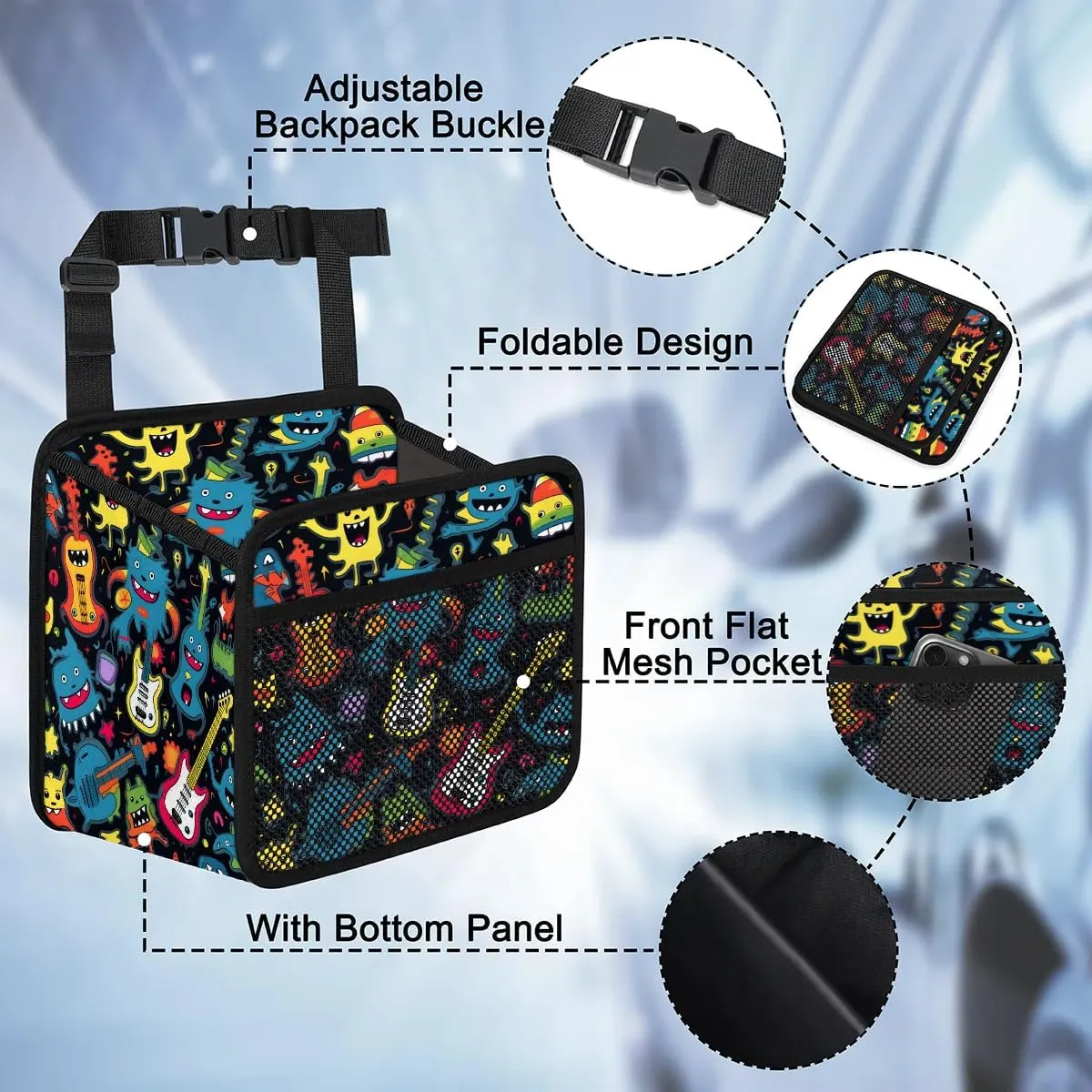 Aliens Guitars Automotive Trash Can Funny Graffiti Leather Automotive Trash Bag, Fits Most Cars, Trucks, SUV's Front/Rear Seats/Console - Automotive Interior Accessories