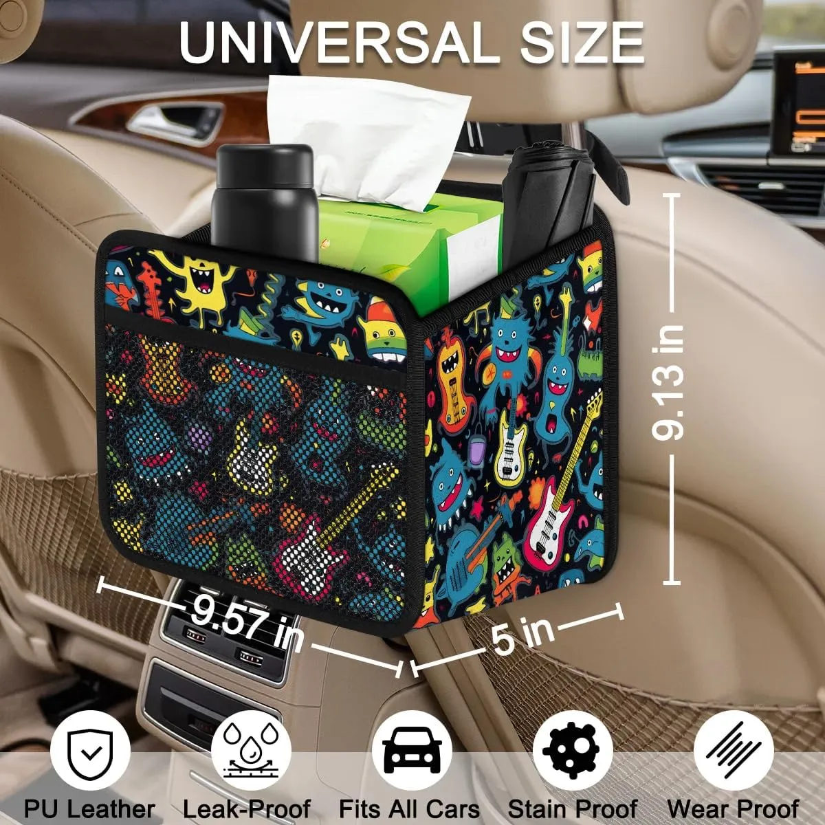 Aliens Guitars Automotive Trash Can Funny Graffiti Leather Automotive Trash Bag, Fits Most Cars, Trucks, SUV's Front/Rear Seats/Console - Automotive Interior Accessories