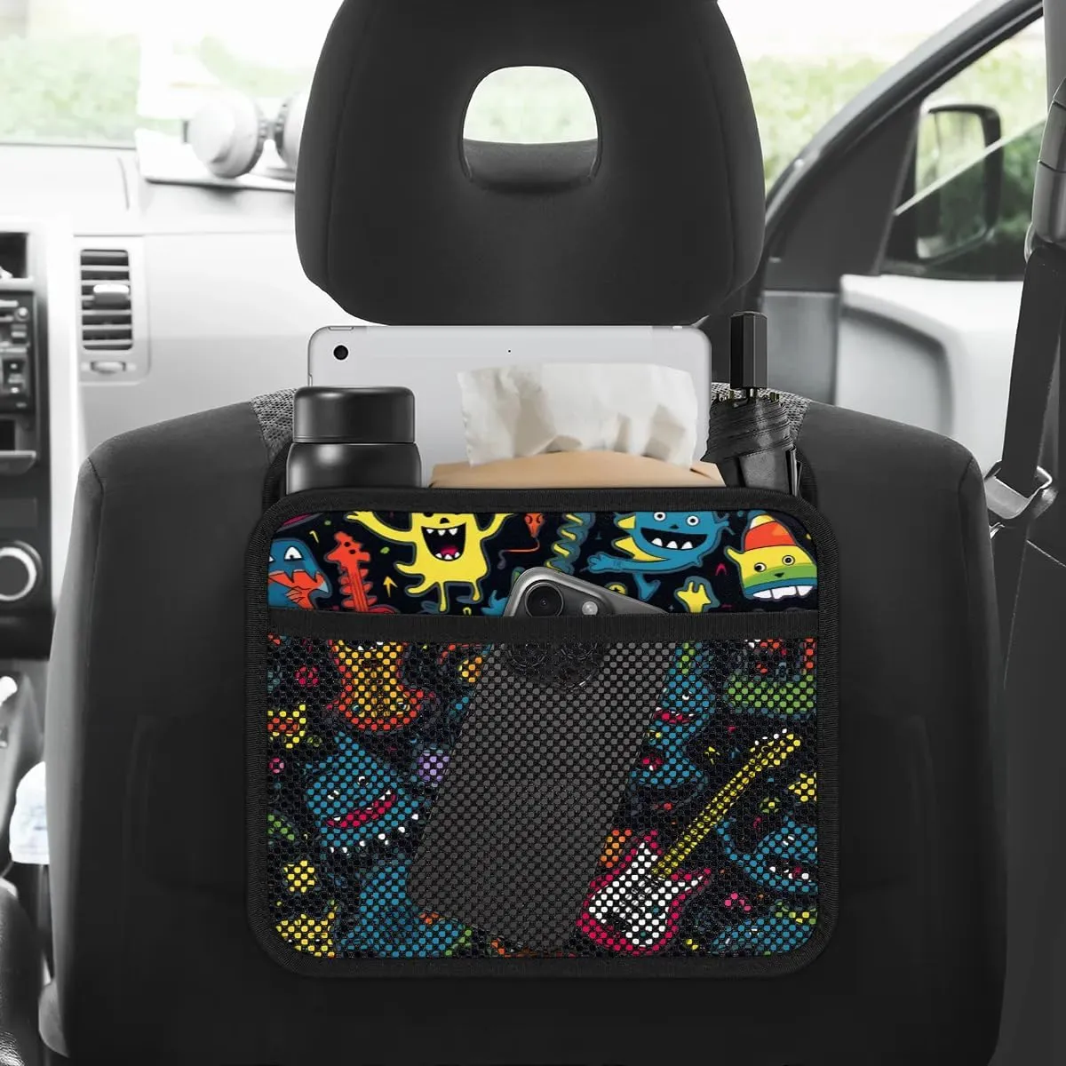 Aliens Guitars Automotive Trash Can Funny Graffiti Leather Automotive Trash Bag, Fits Most Cars, Trucks, SUV's Front/Rear Seats/Console - Automotive Interior Accessories