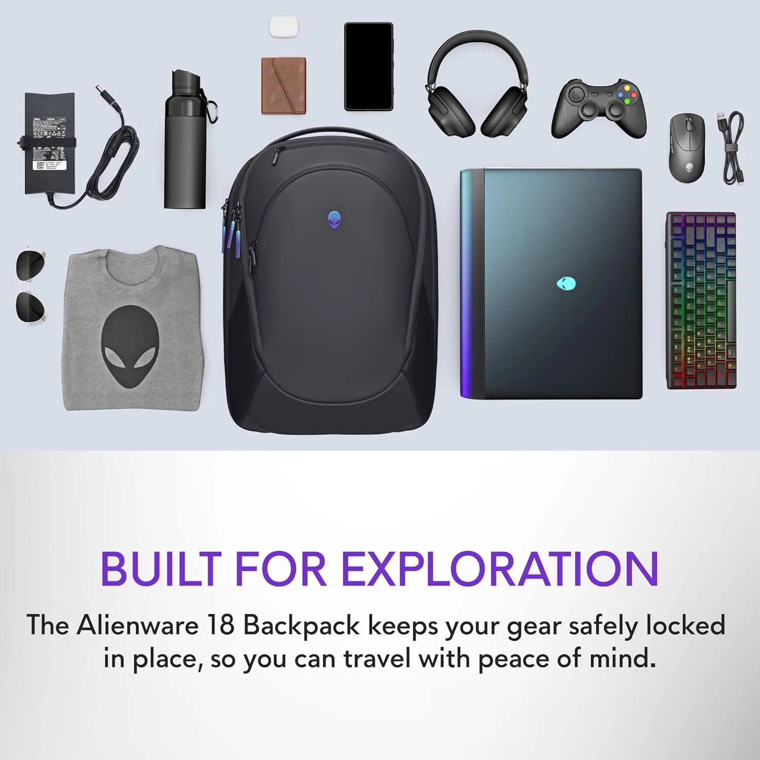Alienware 18 Backpack - AW7825P - 28L Capacity, 3D Breathable mesh, Magnetic Pocket Organizers, RFID Safe Pocket, Weather Resistant, 3D Iridescent Reflective Alienware Logo - Alienware Black