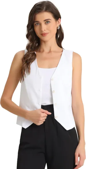 Allegra K Linen Vest Waistcoat for Women's Fashion Sleeveless Button Down V Neck Crop Top Summer Vest