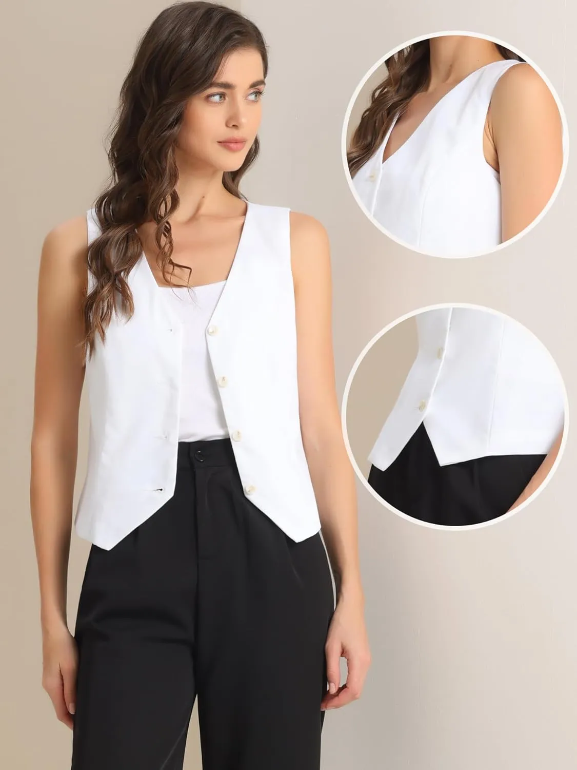Allegra K Linen Vest Waistcoat for Women's Fashion Sleeveless Button Down V Neck Crop Top Summer Vest