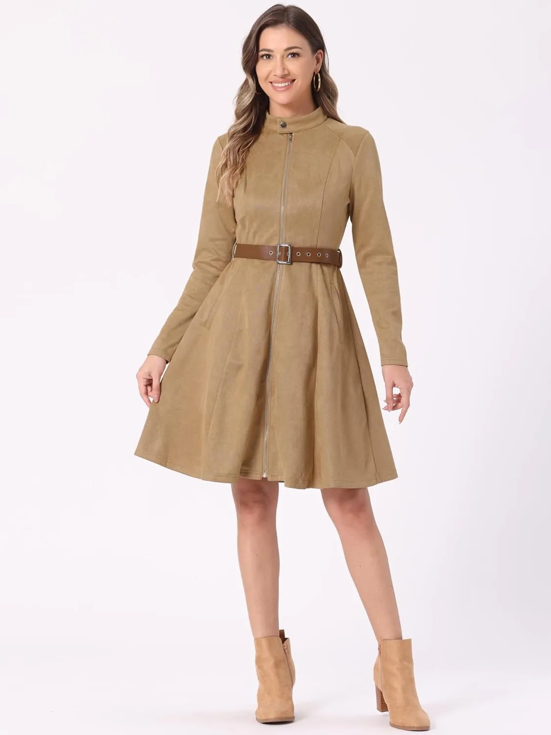 Allegra K Women's Faux Suede Dress Stand Collar Zip Up Belted Vintage Dresses
