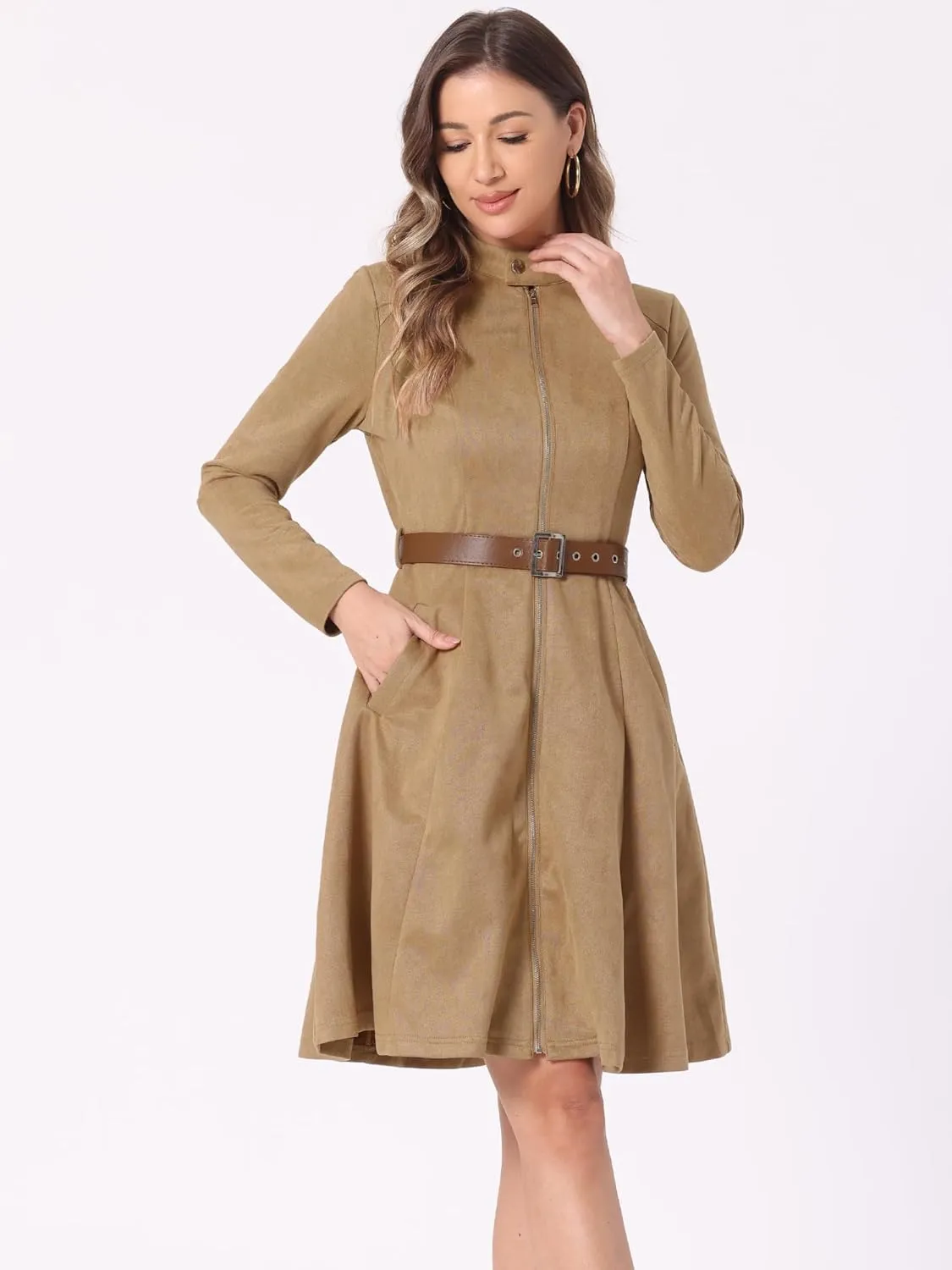 Allegra K Women's Faux Suede Dress Stand Collar Zip Up Belted Vintage Dresses