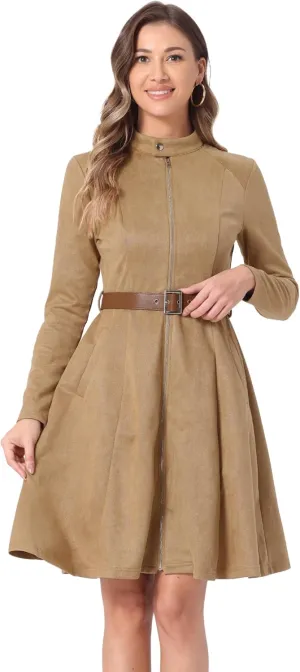 Allegra K Women's Faux Suede Dress Stand Collar Zip Up Belted Vintage Dresses