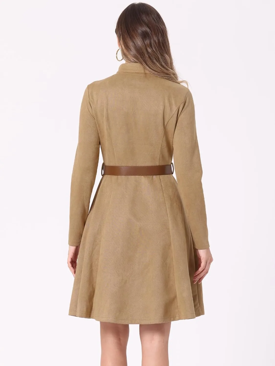 Allegra K Women's Faux Suede Dress Stand Collar Zip Up Belted Vintage Dresses